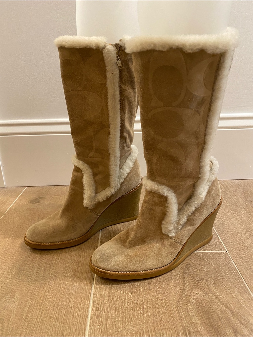 Coach Tan Suede Wedge Boots with Shearling Trim
